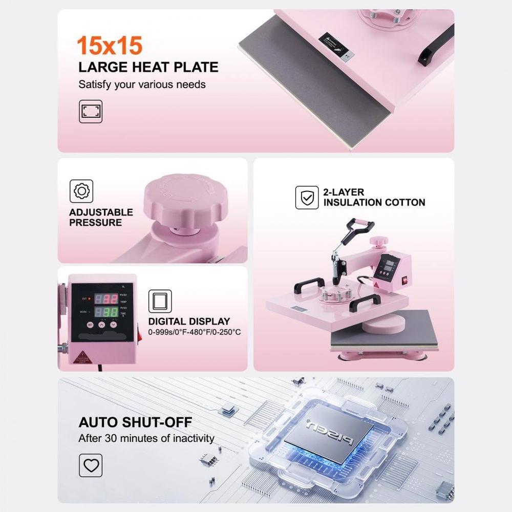 Heat Press Machine 38x38 cm 5 in 1 with 850.5 g Tumbler Press T-Shirts Pink