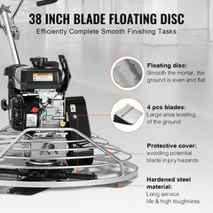 Power Walk-Behind Cement Trowel 38” 6HP Gas-Powered with Float Pan Blade