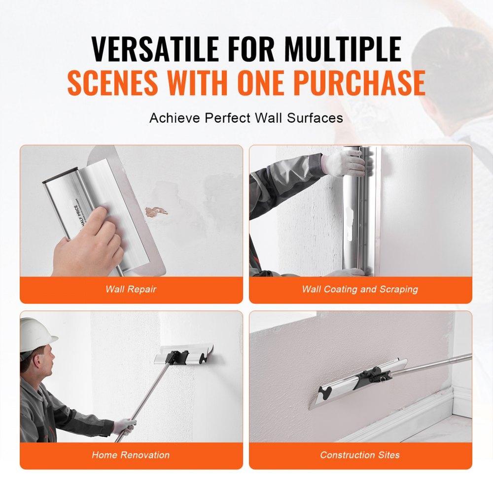 Drywall Skimming Blade Set, 10/16/24/32/40 in (25.4/40.6/61/81.3/101.6 cm) Skimming Blades + 34-81.6 in/86.4 - 207 cm Extension Handle Pole, Stainless Steel Knife Professional Skim Coat Tools, for Gyprock/WallBoard/Plasterboard