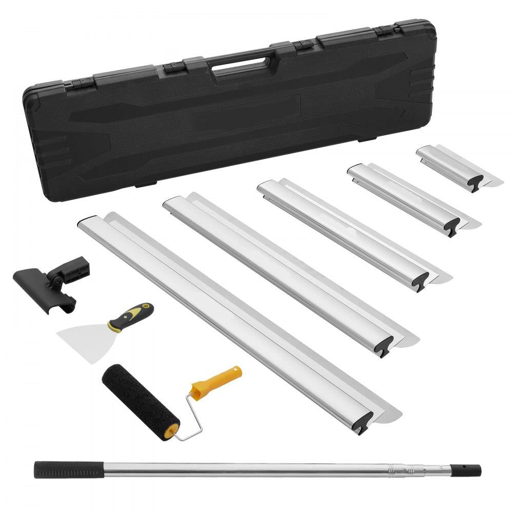 Drywall Skimming Blade Set, 10/16/24/32/40 in (25.4/40.6/61/81.3/101.6 cm) Skimming Blades + 34-81.6 in/86.4 - 207 cm Extension Handle Pole, Stainless Steel Knife Professional Skim Coat Tools, for Gyprock/WallBoard/Plasterboard