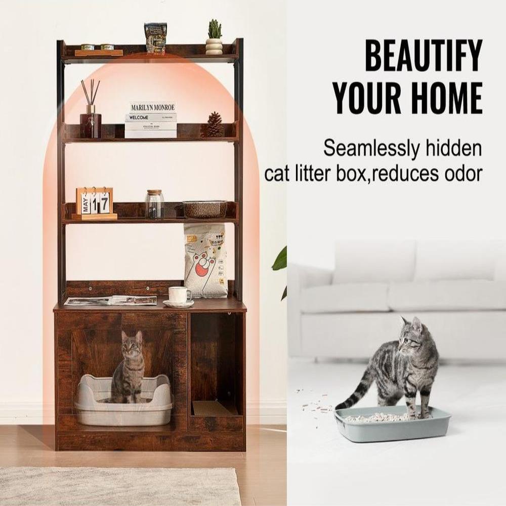 Cat Litter Box Enclosure Wooden Litter Box Furniture Hidden with 3 Shelves