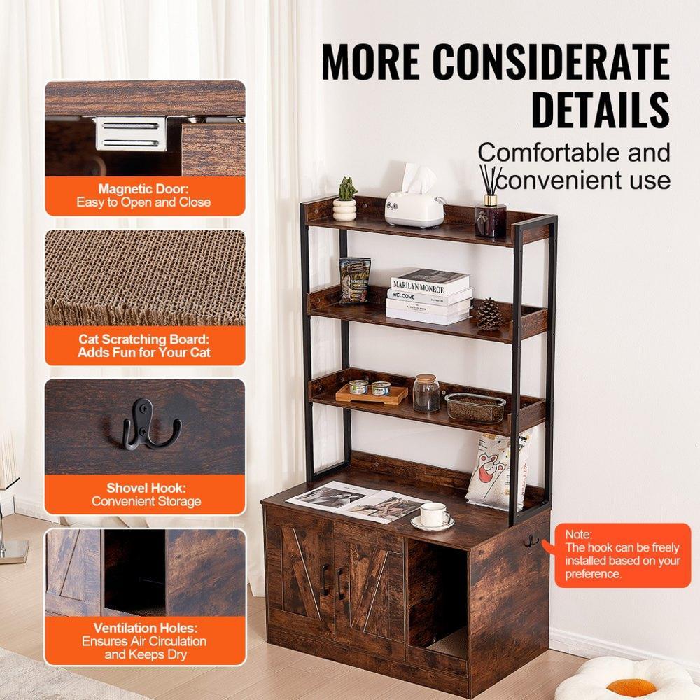 Cat Litter Box Enclosure Wooden Litter Box Furniture Hidden with 3 Shelves