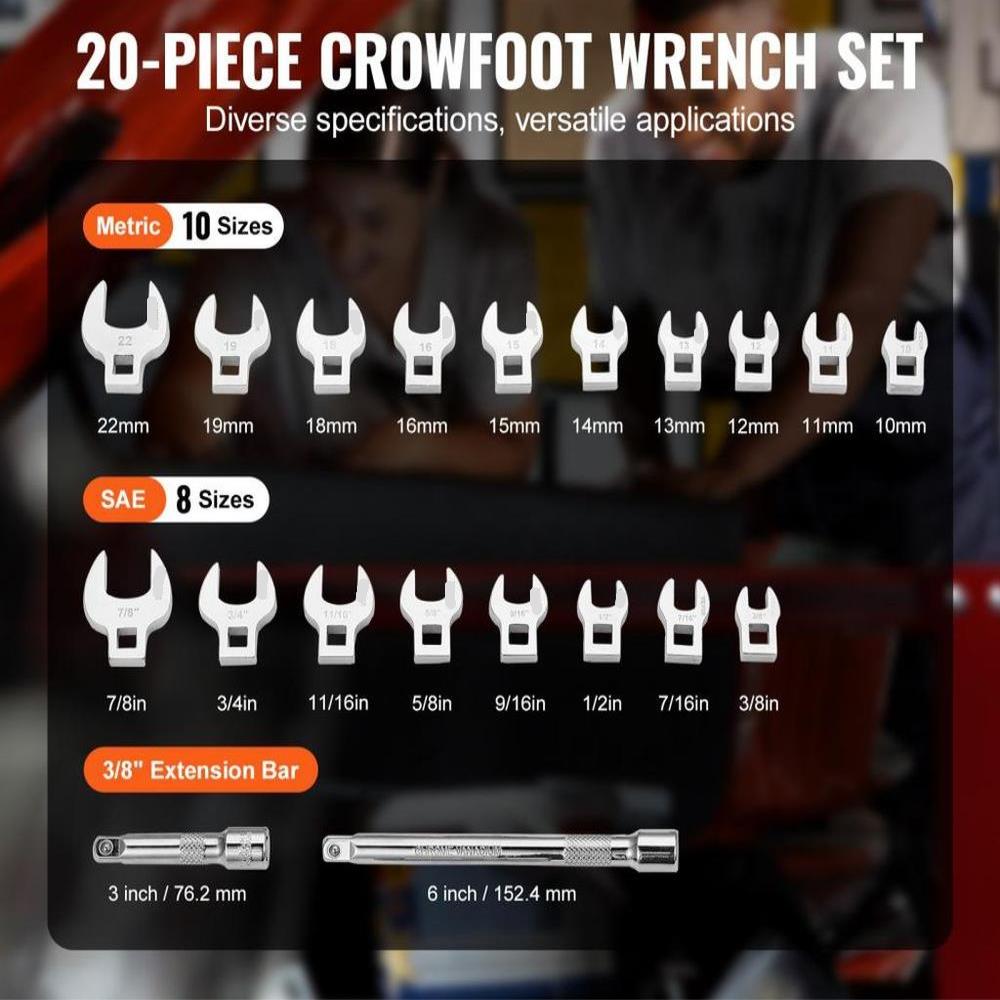 Crowfoot Wrench Set, 3/8" Drive 20-Piece Crows Foot Wrench Set with 2 Extension Bars and EVA Tool Organizer, SAE 3/8"-7/8" and Metric 10-22 mm, 40CR Material with Mirror Chrome Finish