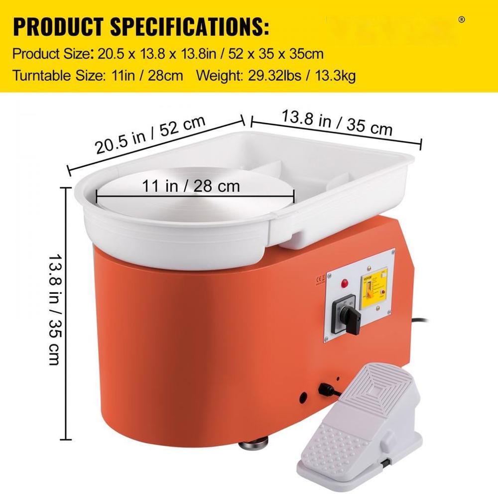 Pottery Wheel 27.9 cm 0-300 RPM Ceramic Wheel, 350W Adjustable Speed Forming Machine with Sculpting Tools and Apron, Detachable Basin Foot Pedal Control for Art Craft Work and Home DIY Orange