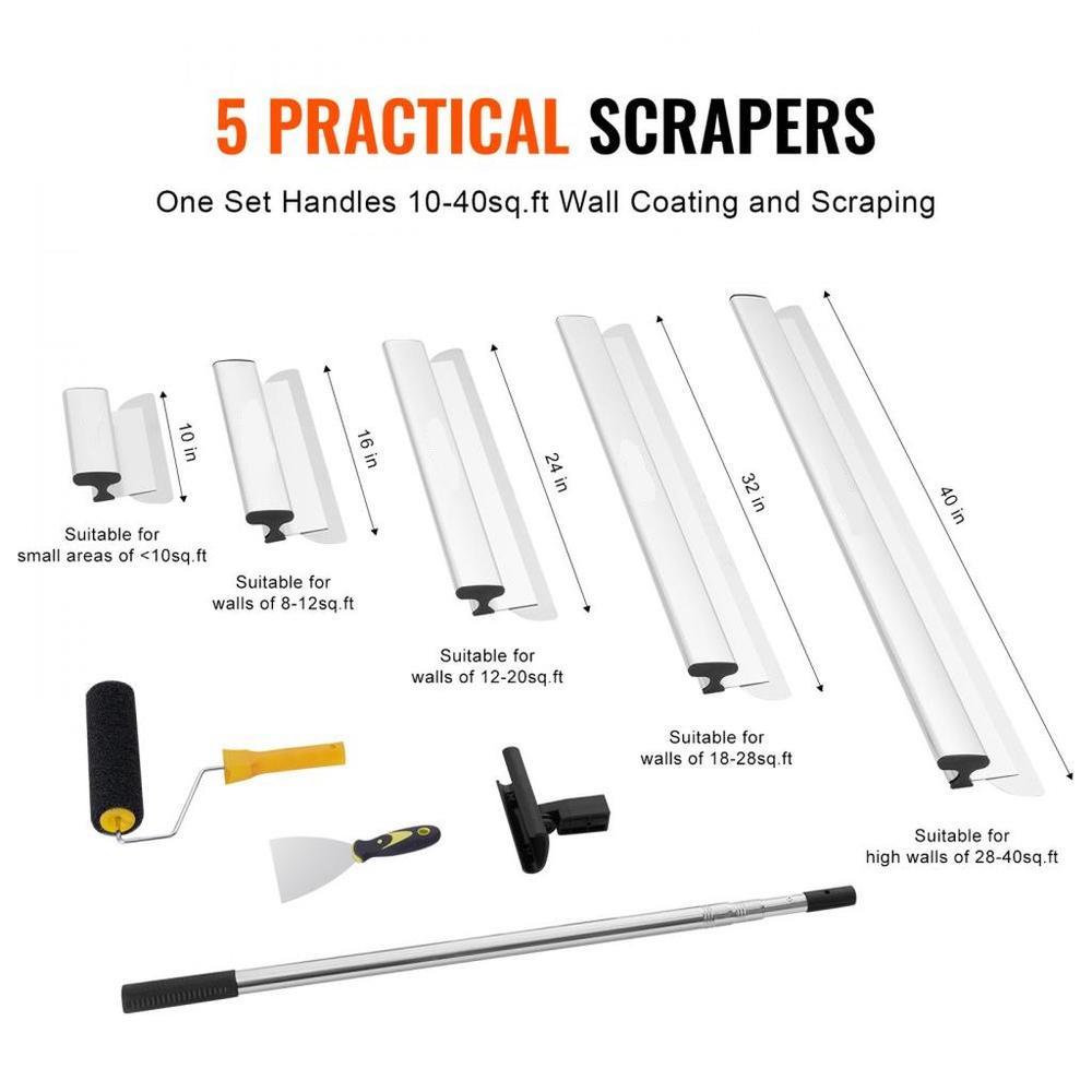 Drywall Skimming Blade Set, 10/16/24/32/40 in (25.4/40.6/61/81.3/101.6 cm) Skimming Blades + 34-81.6 in/86.4 - 207 cm Extension Handle Pole, Stainless Steel Knife Professional Skim Coat Tools, for Gyprock/WallBoard/Plasterboard
