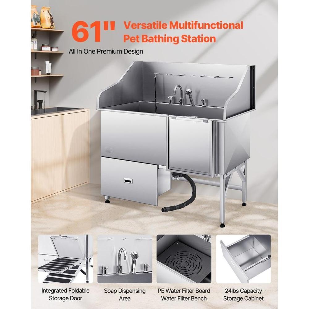 155 cm Dog Grooming Bath Tub Stainless Steel w Ramp Water Filter