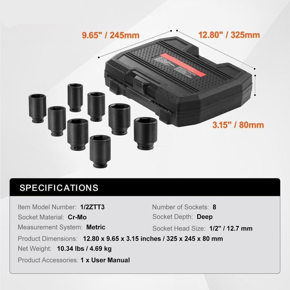 Axle Nut Impact Socket Set 1/2" Drive Deep 12-Point 8PCS Metric Nut Socket