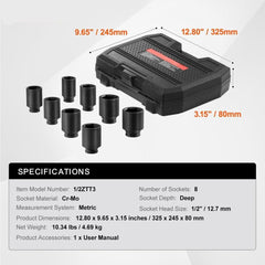 Axle Nut Impact Socket Set 1/2" Drive Deep 12-Point 8PCS Metric Nut Socket