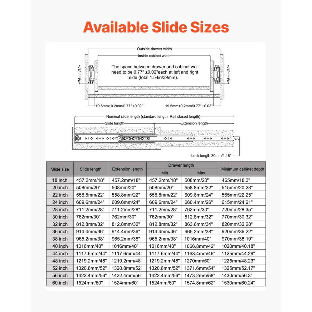 1 Pair 18-60 in Soft-Close Drawer Slides Ball Bearing Full Extension