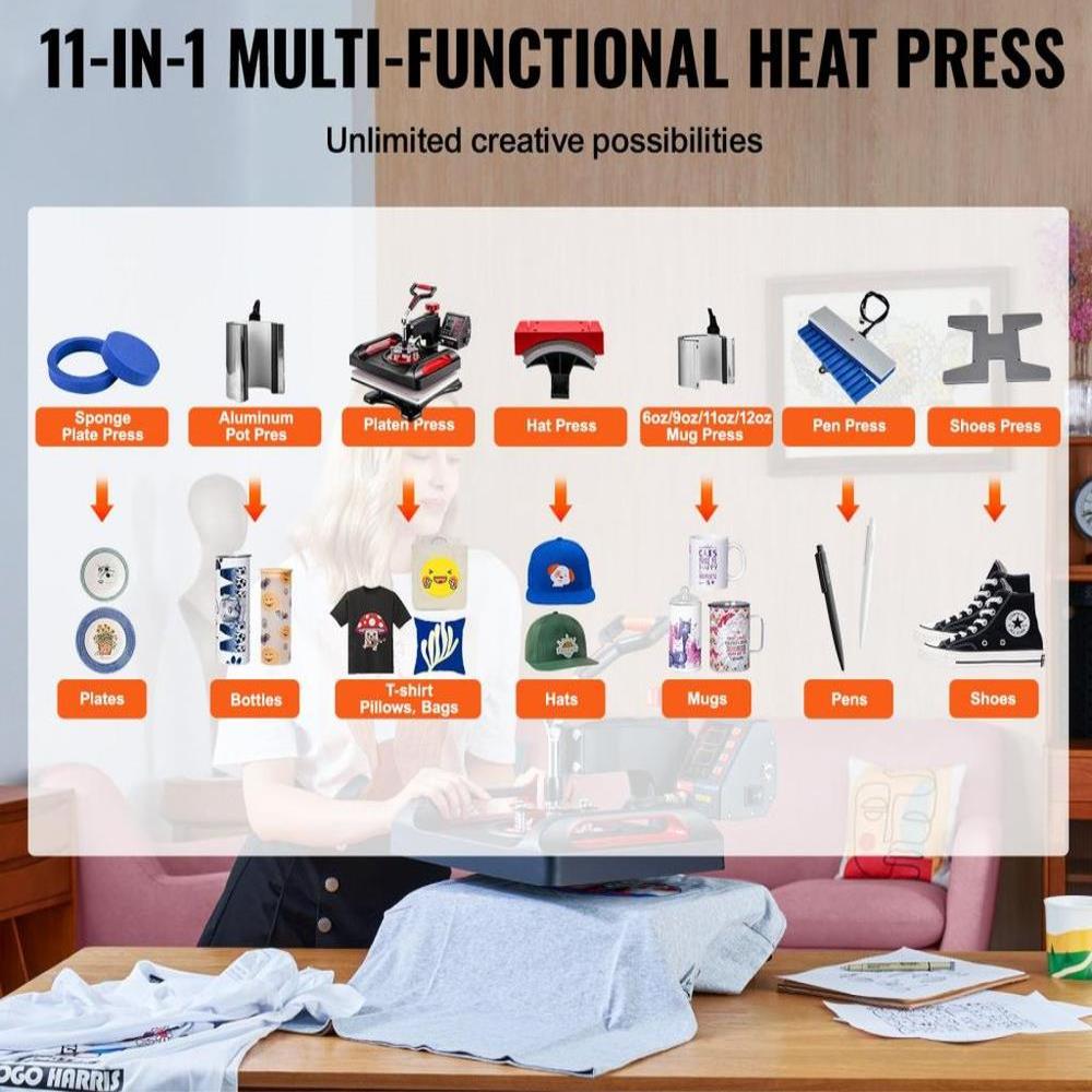 Heat Press Machine Sublimation Machine 15 x 12 Inch/38.1 x 30.5 cm 11 In 1 Kit Heat Press