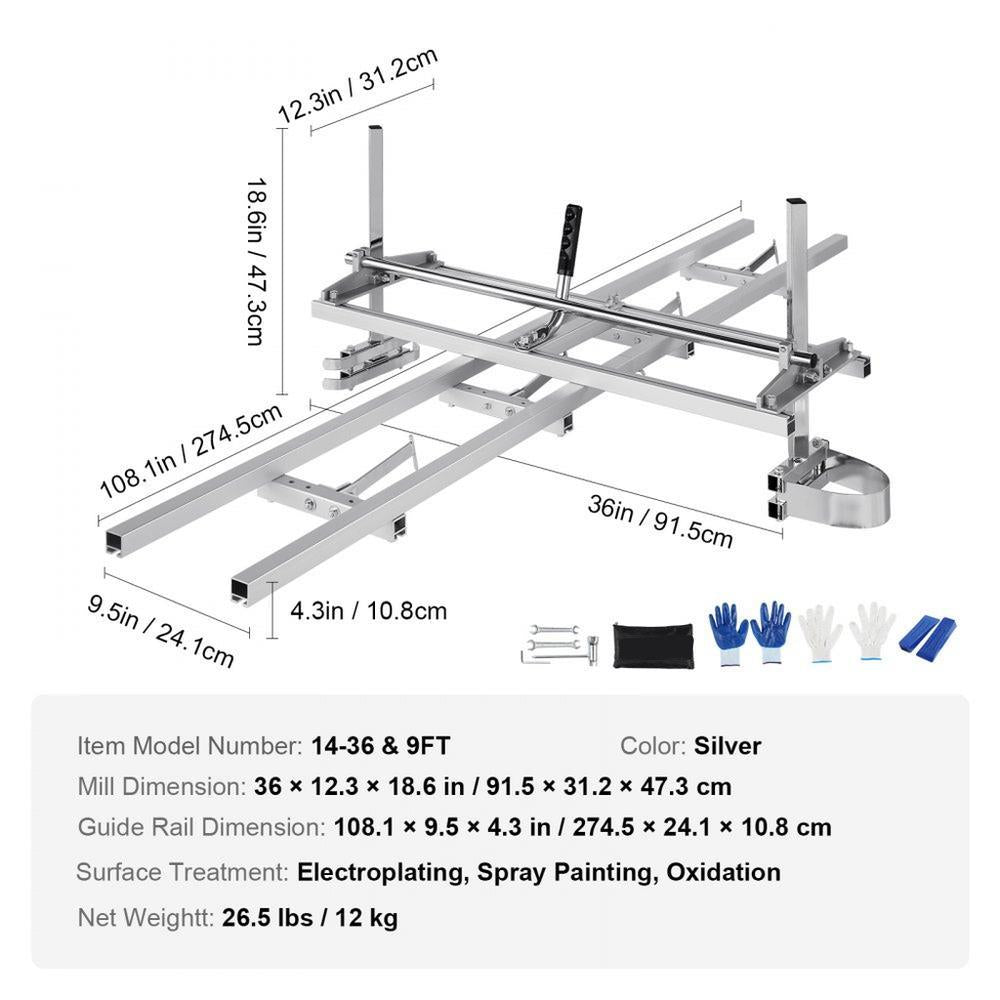 Chainsaw Mill and Rail Mill Guide System, Portable Sawmill 36 cm-91 cm Guide Bar, 2.74 m Aluminum Saw Milling Rail Guide with Chainsaw Planking Mill for Woodworkers and Carpenters