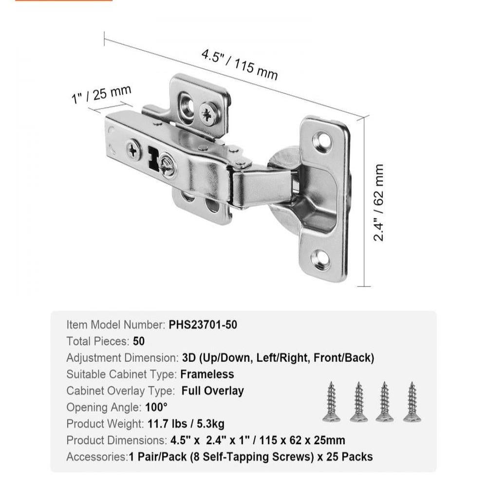 Cabinet Door Hinges 50 Packs Full Overlay Soft Close for Frameless Type
