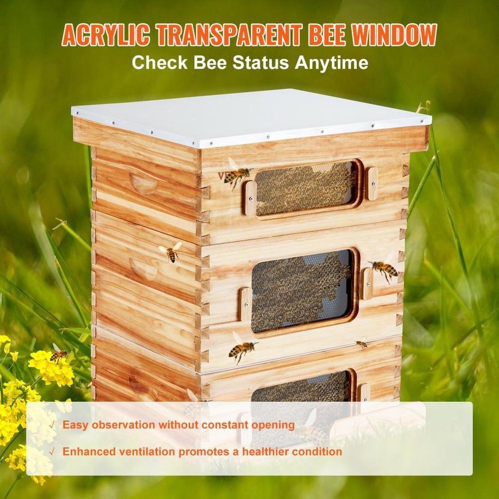 Bee Hive 30 Frame Bee Hives Starter Kit, Beeswax Coated Fir Wood, 2 Deep + 1 Medium Bee Boxes Langstroth Beehive Kit, Transparent Acrylic Windows with Foundations for Beginners Pro Beekeepers