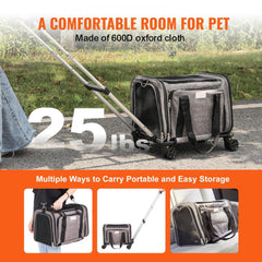 Cat Carrier with Wheels, Airline Approved Rolling Pet Carrier with Telescopic Handle and Shoulder Strap, Dog Carrier with Wheels for Pets under 25 lbs, with 1 Folding Bowl, Grey