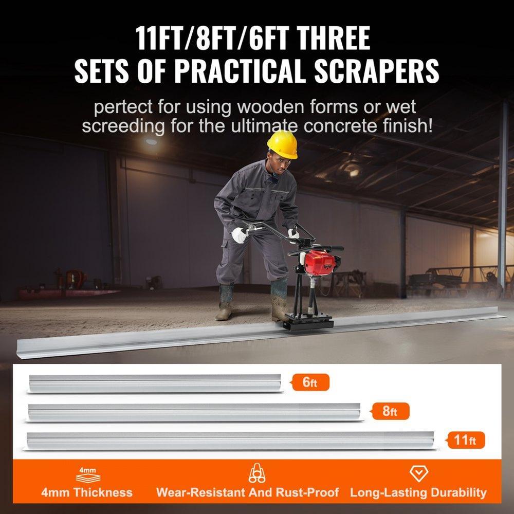 Gas Concrete Power Screed, 6ft/8ft/11ft Aluminum Board Straight Edge Bar Set, 4 Stroke Cement Finishing Vibrating Motor with Height Adjustable Handles, High Efficient Concrete Tools 6500RPM