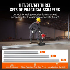 Gas Concrete Power Screed, 6ft/8ft/11ft Aluminum Board Straight Edge Bar Set, 4 Stroke Cement Finishing Vibrating Motor with Height Adjustable Handles, High Efficient Concrete Tools 6500RPM