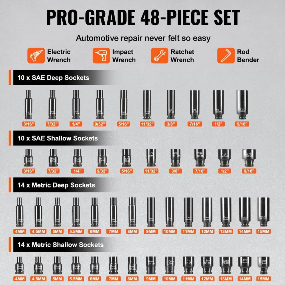 Impact Sockets Set 48pcs 6-Point 1/4" Drive Bit Ratchet Tool Kit Case