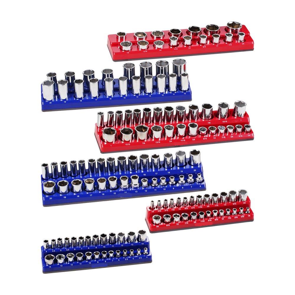 Magnetic Socket Organizer Set 6PCS Socket Trays Blue & Red for Metric SAE
