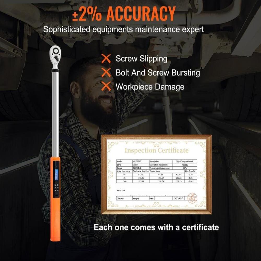 Digital Torque Wrench, 1.3 cm Drive Electronic Torque Wrench, Torque Wrench Kit 25-250ft.lb/34-340n.m Torque Range Accurate to ±2%, 3-Mode Adjustable Torque Wrench Set with LED Buzzer Calibration