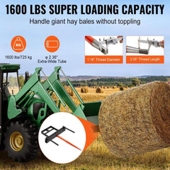 39" Hay Spear, Bale Spears 1600lbs Loading Capacity, Skid Steer Loader Tractor Bucket Attachment with 2pcs 17.5" Stabilizer Spears and 60" Chain, Quick Attach Spike Forks
