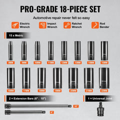 Impact Sockets Set 18pcs 6-Point 3/8" Drive Bit Ratchet Tool Kit Case