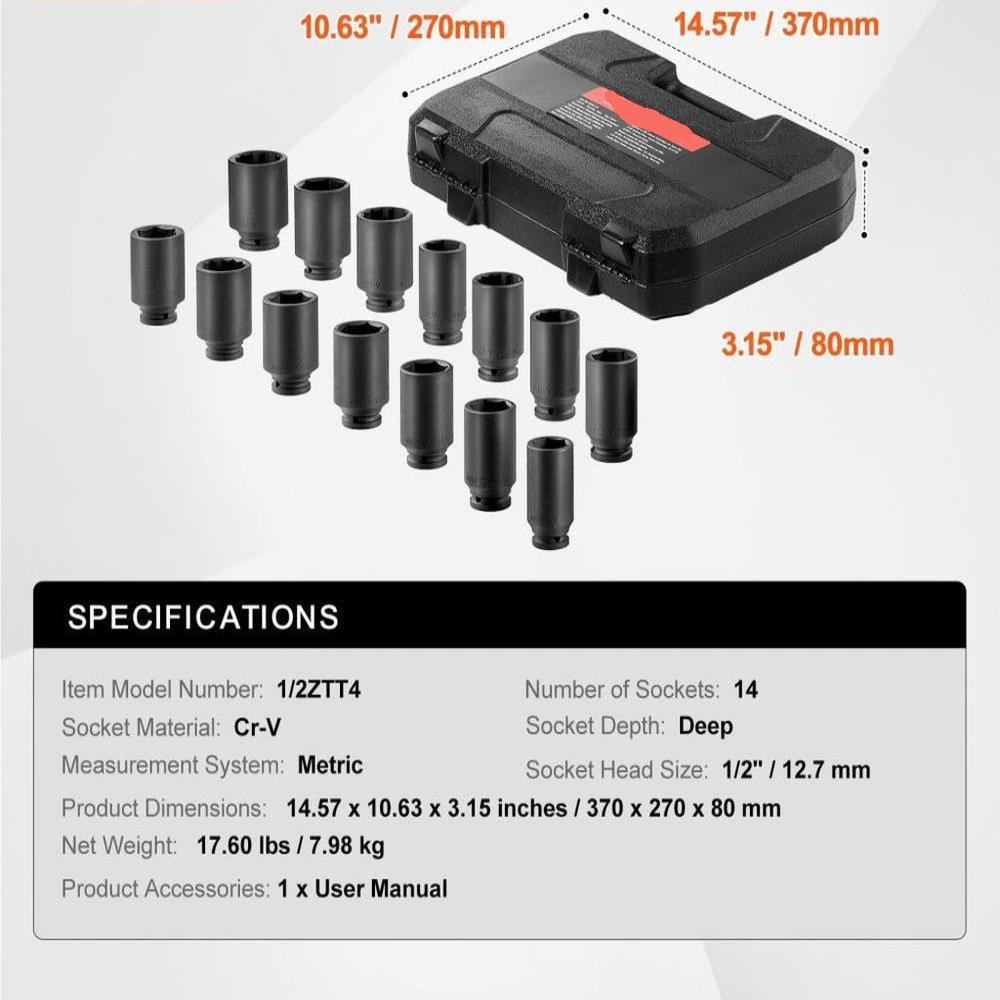 Axle Nut Impact Socket Set 1/2" Drive Deep 6+12-Point 14PCS Metric Socket