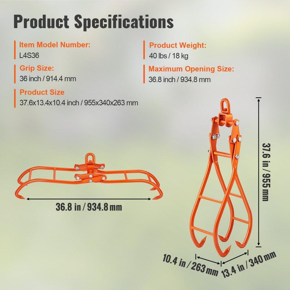 Timber Claw Hook, 36 inch 4 Claw Log Grapple for Logging Tongs, Swivel Steel Log Lifting Tongs, Eagle Claws Design with 3307 lbs/1500 kg Loading Capacity for Tractors, ATVs, Trucks, Forklifts
