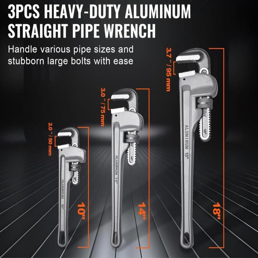 3PCS Aluminum Straight Pipe Wrench Set 10/14/18 in Plumbing Wrench CRV Jaw