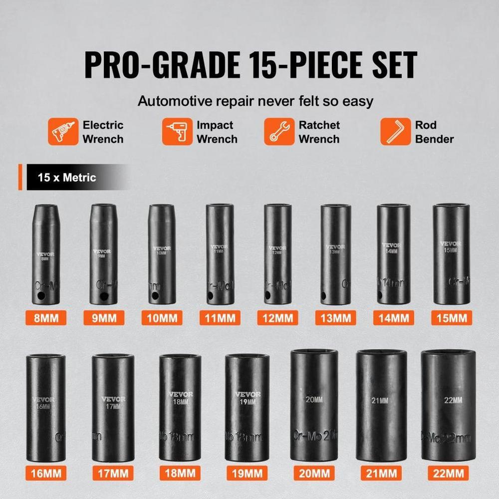Impact Sockets Set 15pcs 6-Point 3/8in Drive Bit Ratchet Tool Kit Case