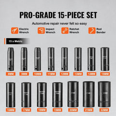 Impact Sockets Set 15pcs 6-Point 3/8in Drive Bit Ratchet Tool Kit Case