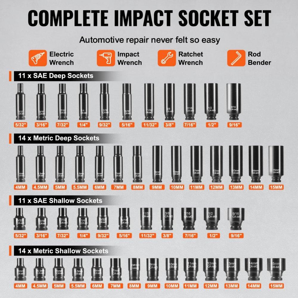 Impact Sockets Set 55pcs 6-Point 1/4" Drive Bit Ratchet Tool Kit Case