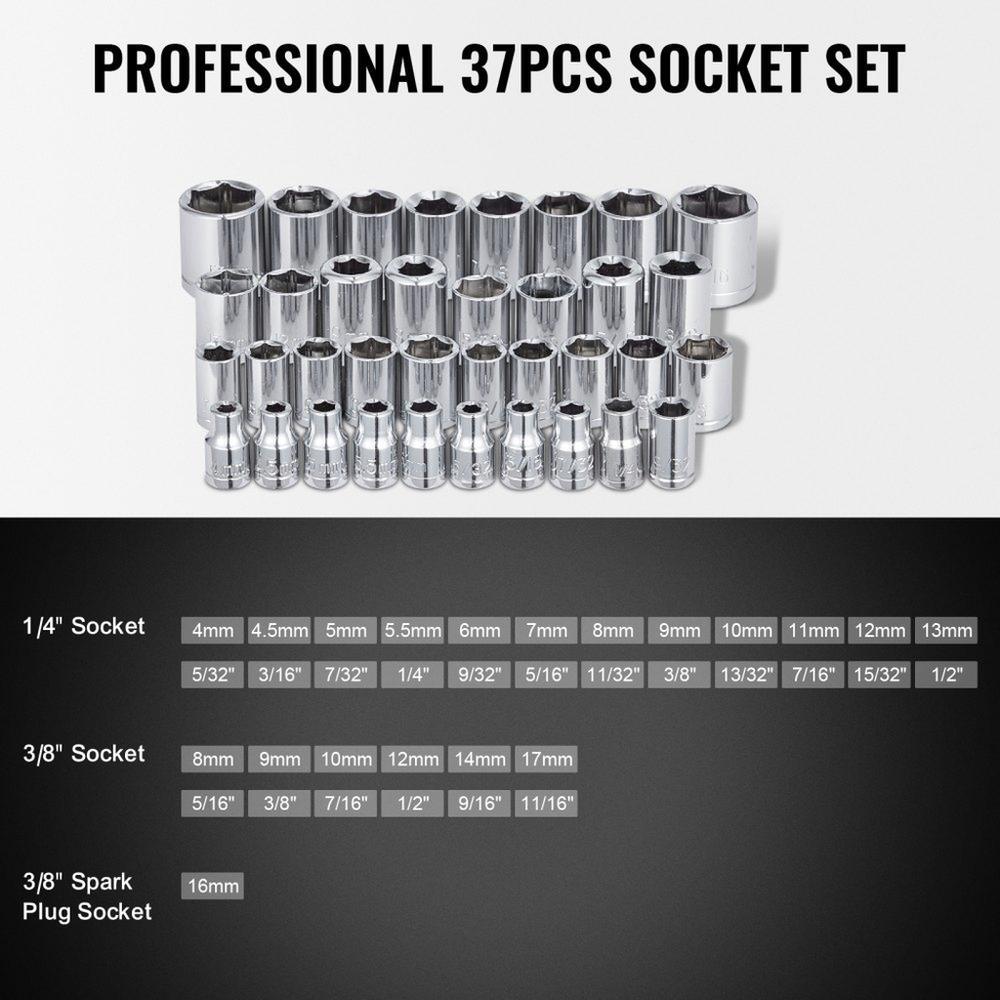 221-Piece Mechanics Tool Set 1/4" and 3/8" Drive Sockets SAE and Metric