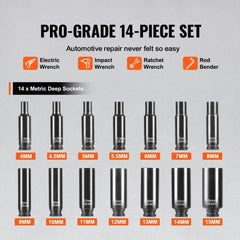 Impact Sockets Set 14PCS 6-Point 1/4" Deep Socket Set Metric 4-15mm Cr-Mo