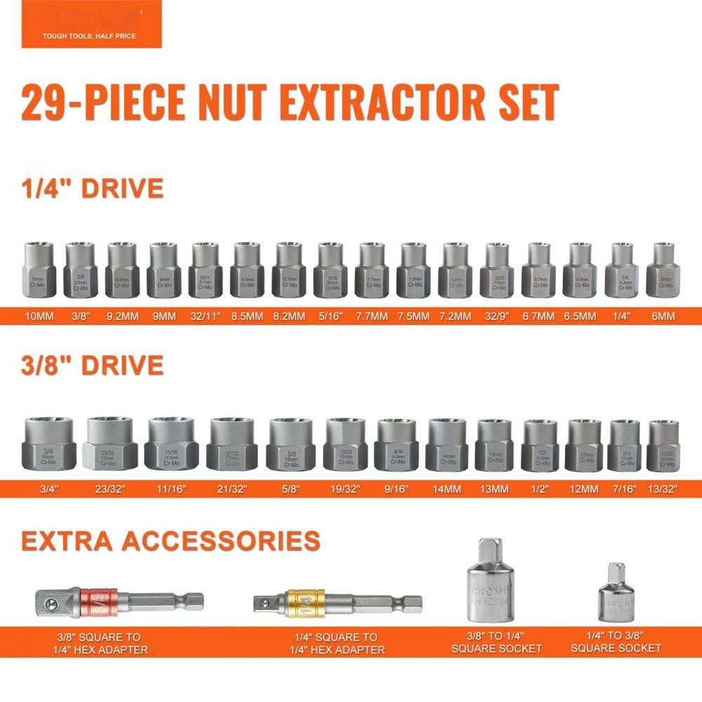 Bolt Extractor Set, 29-Piece Bolt and Nut Remover Set, 6mm to 10mm, 13/32" to 3/4", CR-MO Steel Extraction Socket Set with Storage Case, for Removing Damaged Rusted Bolts, Nuts and Screws