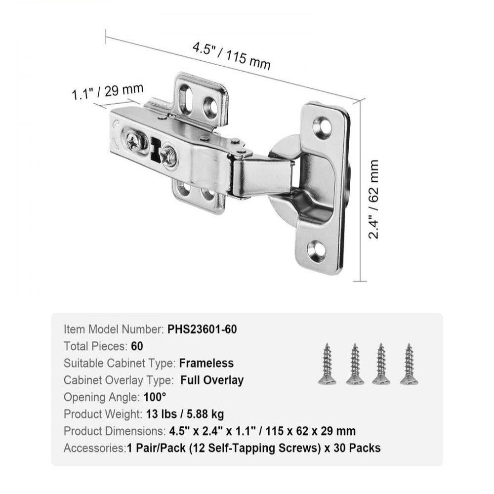 Cabinet Door Hinges 60 Packs Full Overlay Soft Close for Frameless Type