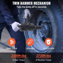 2.5 cm Air Impact Wrench, Up to 3698.45 N·m Reverse Torque Output 2.5 cm Pneumatic Impact Gun Lightweight w/ 2 Handles for Heavy Duty Repairs and Maintenance