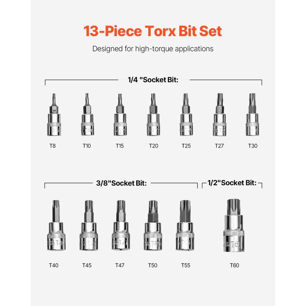 Torx Bit Socket Set 13-Piece Star T8 - T60 Set S2 Alloy Steel and Cr-V Steel
