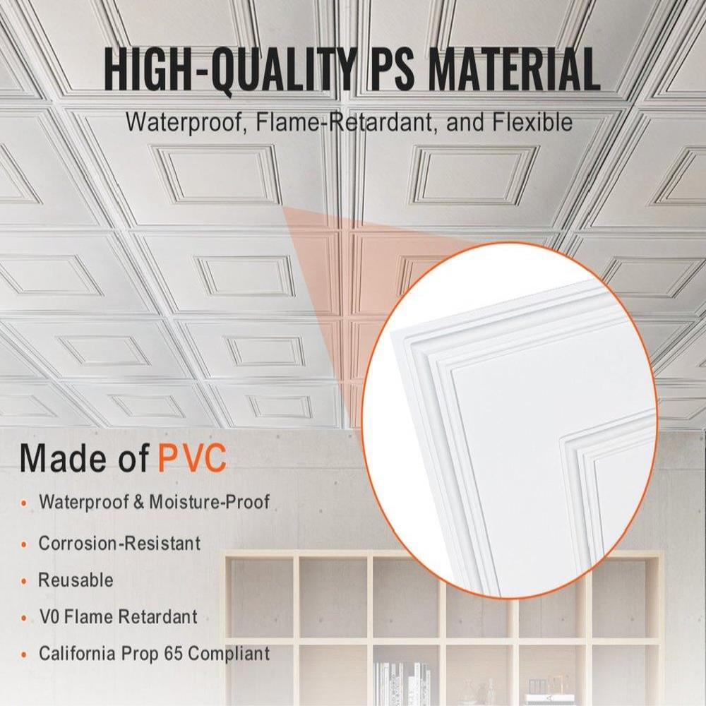 Ceiling Tiles 12-Pack 24 x 24 in PVC Easy Installation White Geometric