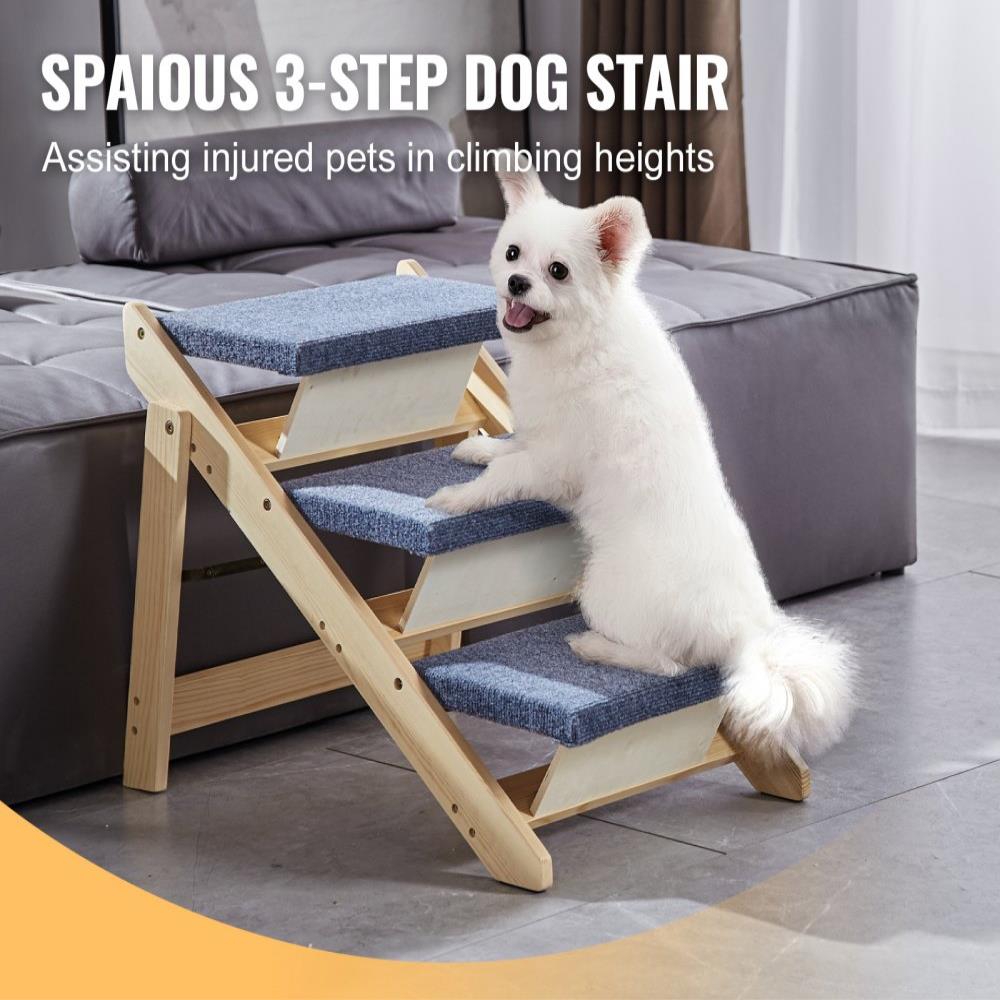 Wooden Pet Stairs/Pet Step with 3 Steps 2-in-1 Foldable Dog Stair 150 lbs