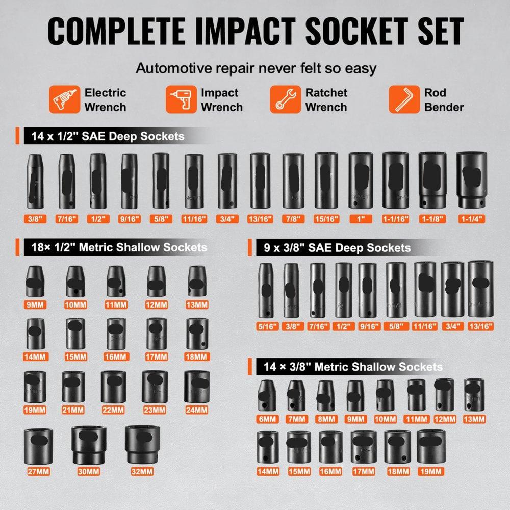 Impact Sockets Set 59pcs 6-Point 3/8" & 1/2" Drive Bit Ratchet Tool Kit