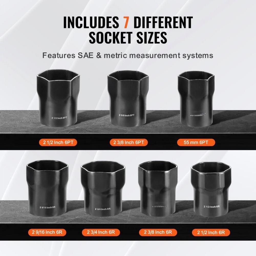 Wheel Bearing Locknut Socket Set 1/2 in Drive 7 Pcs SAE and Metric 6-Point