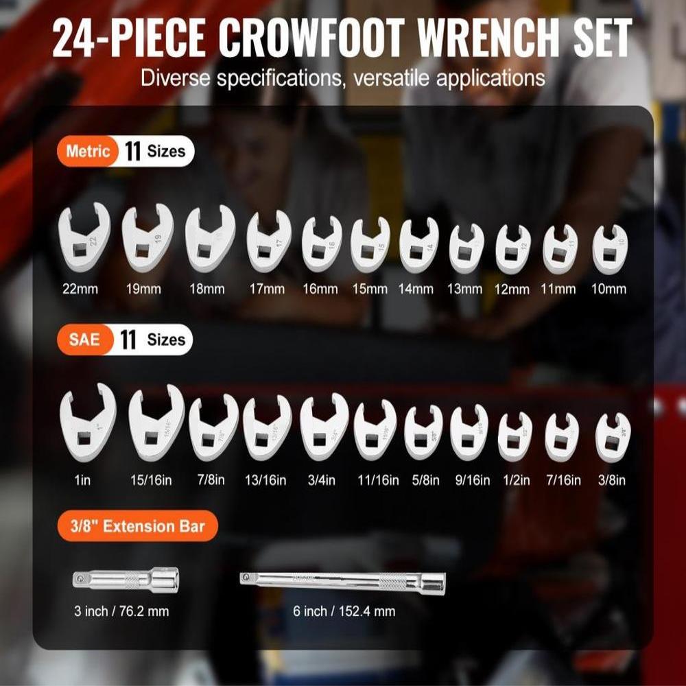 3/8" Drive Crowfoot Wrench Set with 2 Extension Bars, 24-Piece Crows Foot Wrench Set, SAE  3/8"-1" and Metric 10-22 mm, CR-MO Steel Crowfoot Wrench Set, with EVA Tool Organizer