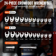 3/8" Drive Crowfoot Wrench Set with 2 Extension Bars, 24-Piece Crows Foot Wrench Set, SAE  3/8"-1" and Metric 10-22 mm, CR-MO Steel Crowfoot Wrench Set, with EVA Tool Organizer