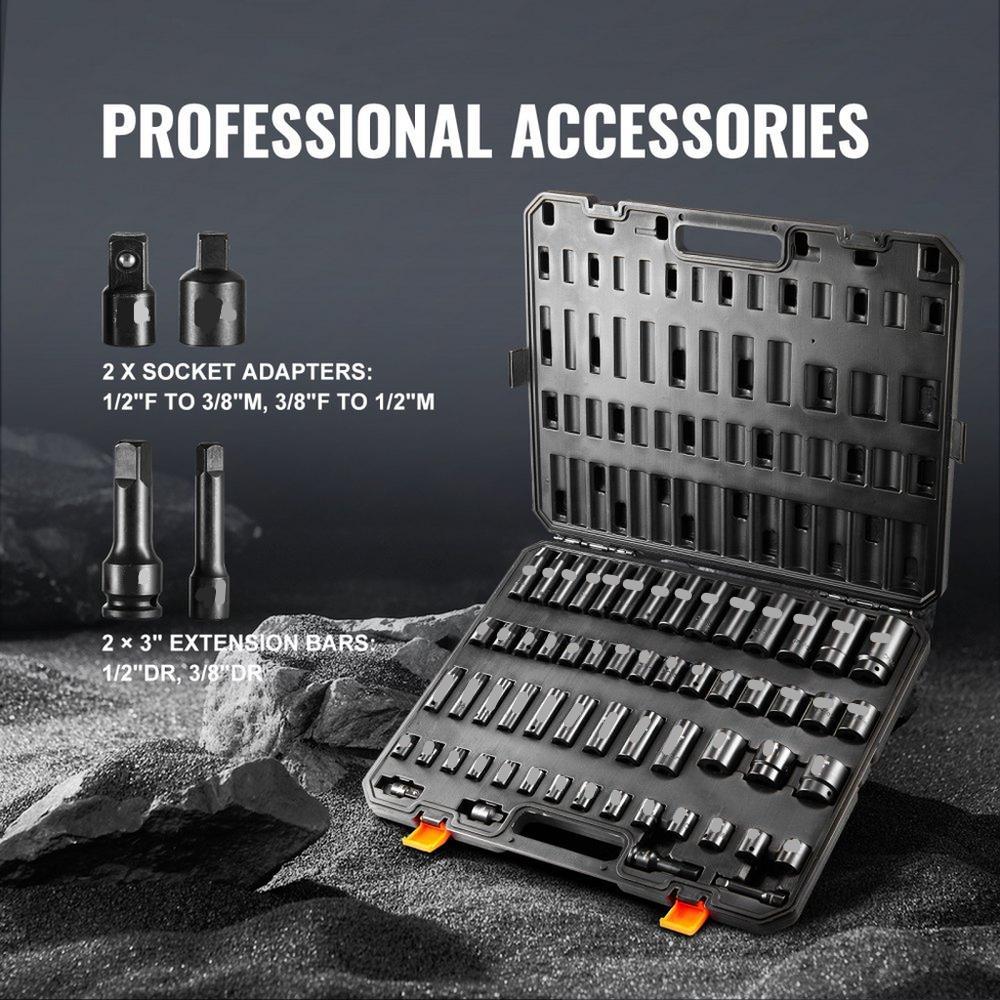 Impact Sockets Set 59pcs 6-Point 3/8" & 1/2" Drive Bit Ratchet Tool Kit