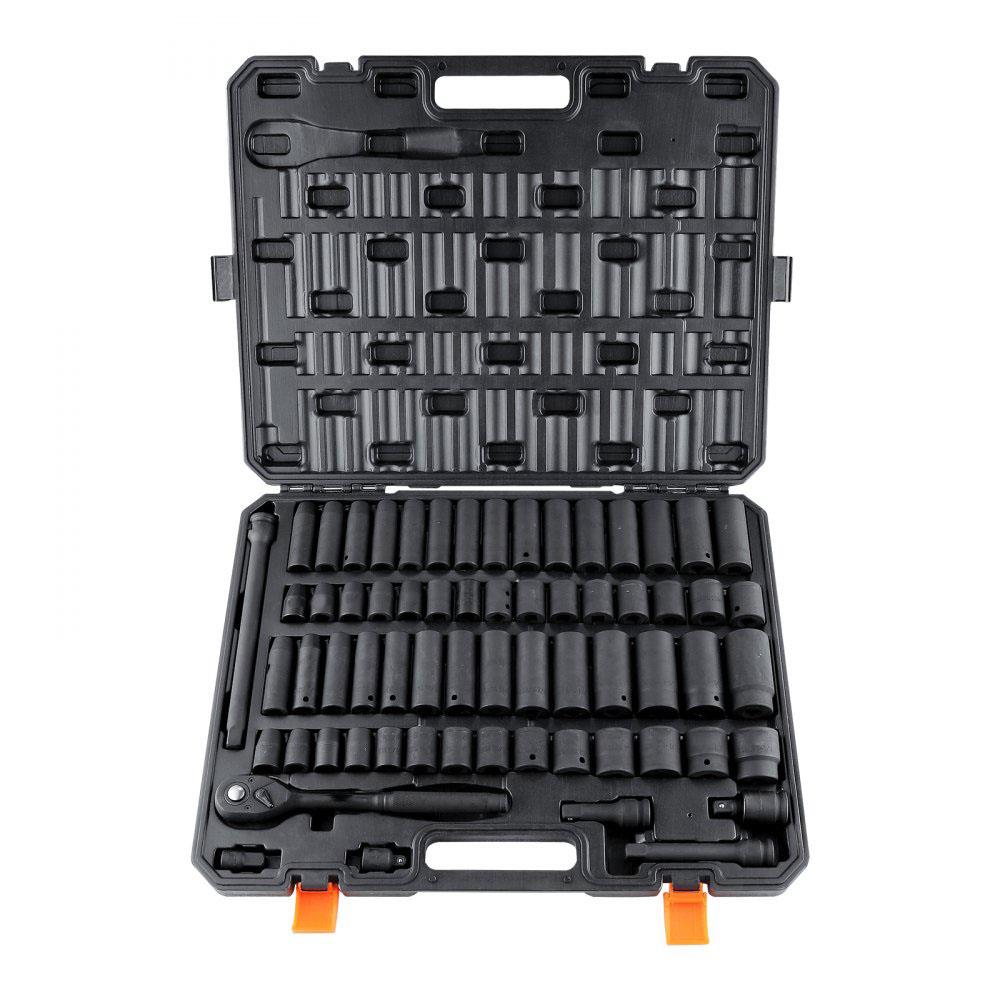 1/2" Drive Impact Socket Set, 65 Piece Socket Set SAE 3/8" to 1-1/4" and Metric 10-24mm, 6 Point Cr-V Alloy Steel for Auto Repair, Easy-to-Read Size Markings, Rugged Construction, Storage Case