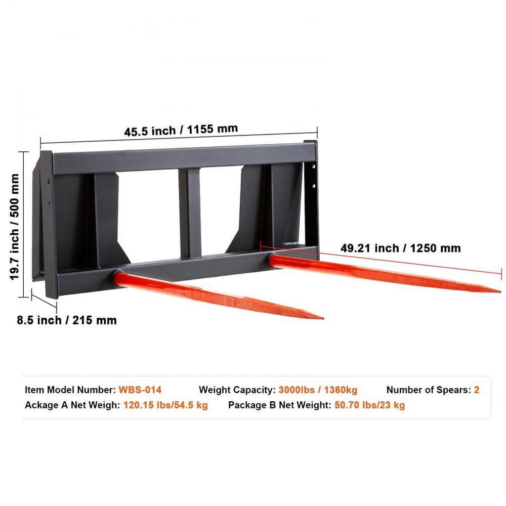 49" Hay Spear, Bale Spears 3000lbs Loading Capacity, Skid Steer Loader Tractor Attachment 2pcs Spears, Quick Attach Spike Forks