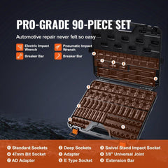 3/8" Drive Impact Socket Set, 90 Piece Socket Set SAE 1/4"-3/4" and Metric 6-19mm, 6 Point Cr-Mo Alloy Steel for Auto Repair, Includes Extension Bars Universal Joint Adapter Lock Storage Case