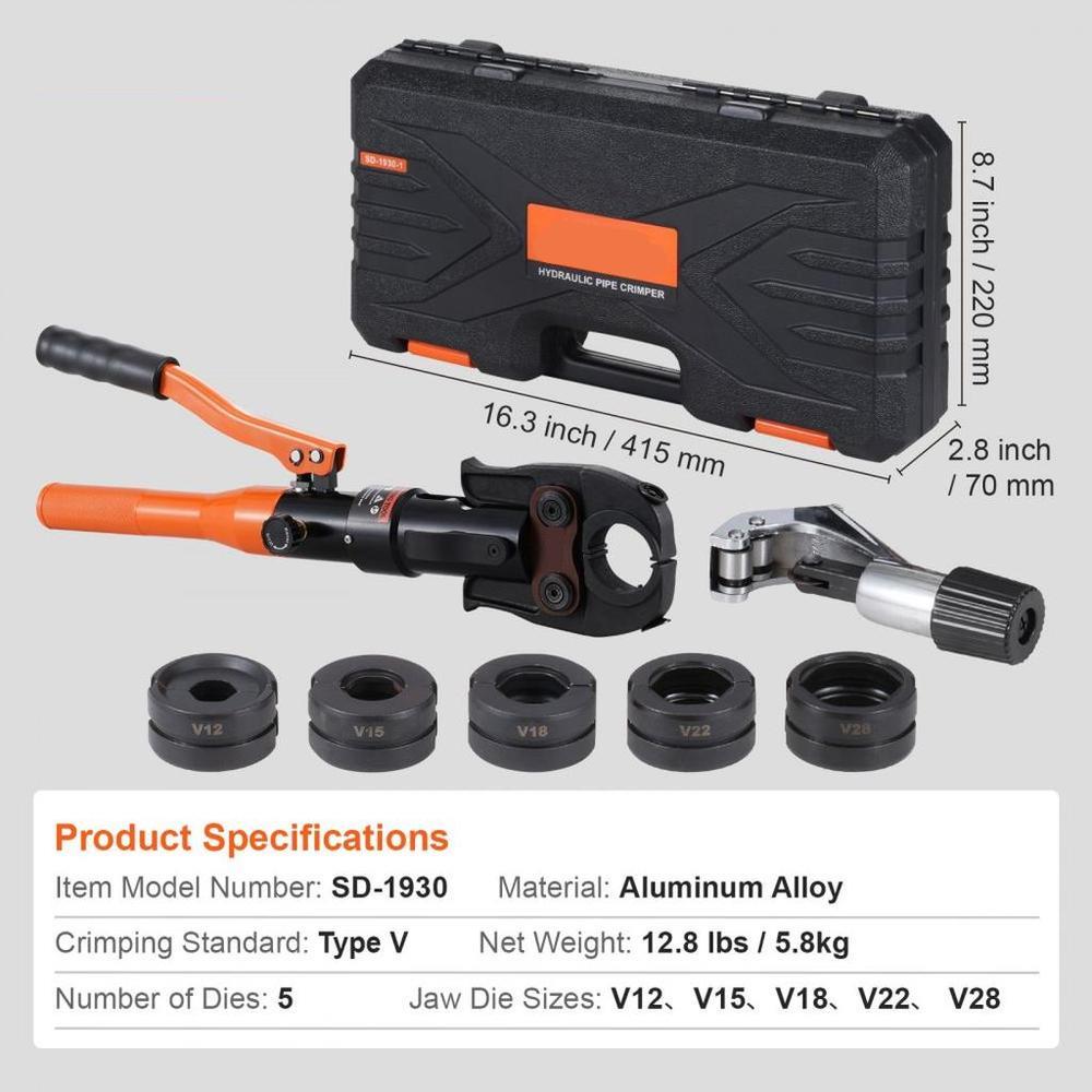 Copper Tube Fittings Crimping Tool with V12/15/18/22/28 Jaws 360° Rotate