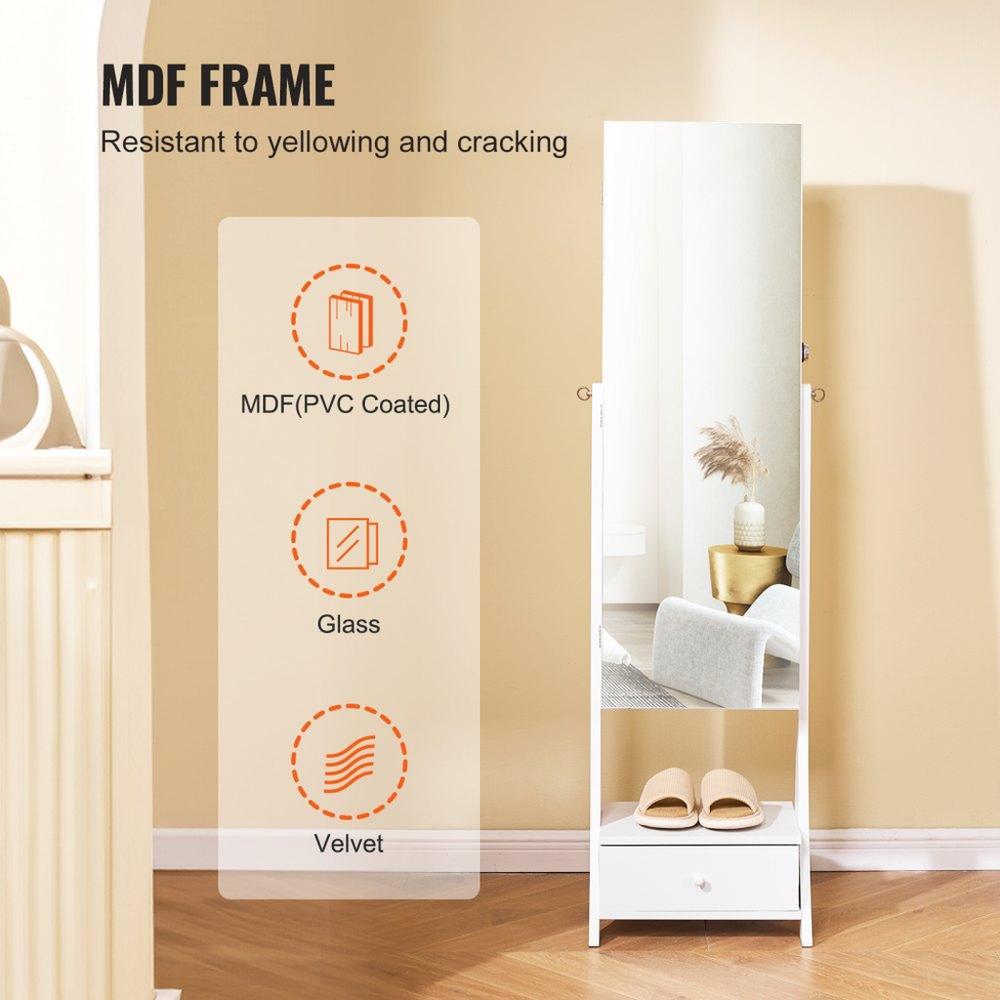 Mirror Jewelry Cabinet Standing Mirror with Storage Full Length White