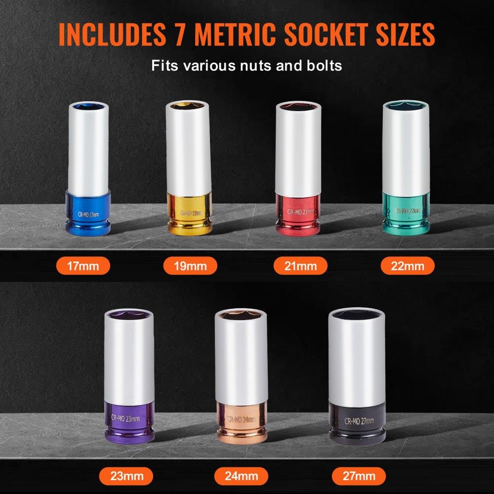 Lug Nut Impact Socket Set 1/2 in Drive Metric 6-Point Deep Socket 7PCS